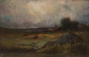 Namnlöst landskap med sten i förgrunden och tak med torn, sjö i bakgrunden, n.d. av Edward Mitchell Bannister