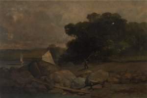 Namnlöst landskap med stenar, människa och segelbåtar, 1895. av Edward Mitchell Bannister