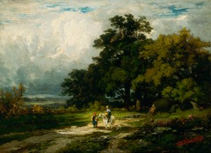 Namnlös man till häst med kvinna och hund. av Edward Mitchell Bannister