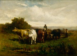 Namnlös man till häst, kvinna till fots som driver boskap, 1880.