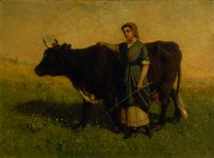 Namnlös kvinna som går med ko, ca. 1869.
