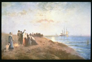 Pilgrimernas ombordstigning (olja på duk) av Edward Moran