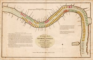 Mr Ogles plan, för förtöjning av fartyg, i Themsen, från London Bridge till Deptford, på ett förbättrat system av Edward Ogle
