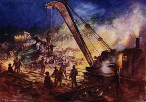 Kran tar bort vrakdelar från platsen för en järnvägsolycka (färg litho) av Edward Parick Kinsella