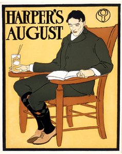 Man sittande i orange stol, hos August Harper av Edward Penfield