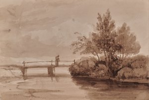 Flodscen med träbro och figur