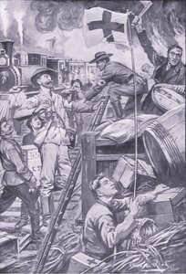 Falsk ambulansman förstör butiker vid Komati Foort under täckmantel av Röda Korsets flagga, illustration från After Pretoria: The Guerilla War, 1902 av Edward Read