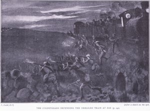 Coldstreams försvarar ett urspårat tåg, illustration från After Pretoria: The Guerilla War, 1902 av Edward Read
