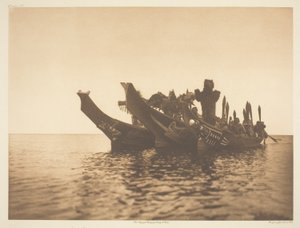 Maskerade dansare i kanoter-Qagyuhl A av Edward S. Curtis