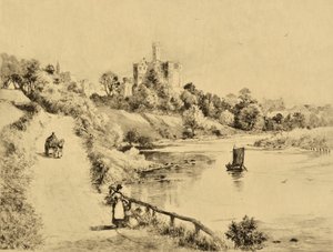 The Coquet: Warkworth Castle från vägen till Amble, ca 1880 (etsning)