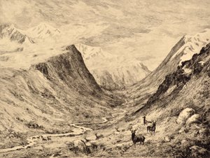 The Highland Dee: Meeting of Garchary och Larig Burns, ca 1880 (etsning)