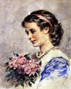 Ung flicka med en knippe rosa blommor (akvarell över blyerts på papper) av Edward Tayler