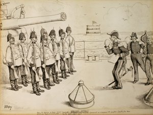 Oregistrerad historia! Att berätta för marinsoldaterna ombord på HMS Taradiddle att Hennes Majestäts regering har beslutat sig för - som en eftergift mot kontinentmakternas fördomar - att evakuera Egypten vid ett tidigt datum: förmodligen den första april av Edward Tennyson Reed
