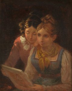 Två flickor tittar på en bild, ca 1820 (olja på panel)