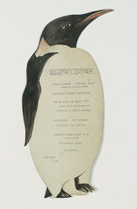 Meny i form på en kejsarpingvin, för midvinterdagsmiddagen, Cape Evans, 22 juni 1912 (penna & gouache på kort) av Edward W. Nelson
