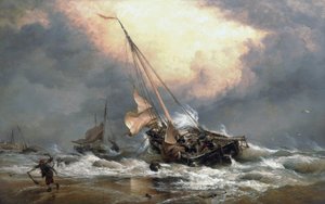 Fiskare drar upp sina båtar på Nordsjöns strand, nära Scheveningen (Holland). Olja på duk av Edward William Cooke