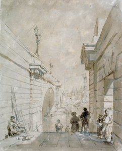 London Bridge blickar norrut från den övre trappavsatsen nära Tooley Street, 1833 av Edward William Cooke