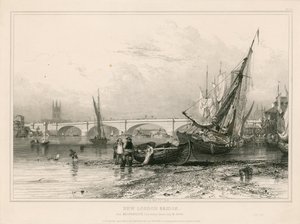 New London Bridge, från Billingsgate (lågvatten), ritad 31 juli 1832 av Edward William Cooke