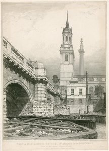 En del av Old London Bridge, St Magnus och monumentet av Edward William Cooke