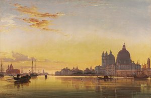 Solnedgång på lagunen i Venedig, kyrkan Isola di San Giorgio i Alga på avstånd,