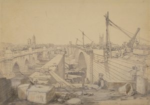 Konstruktionen av London Bridge, 1830 av Edward William Cooke