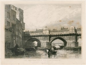 Southwark End av Old London Bridge av Edward William Cooke