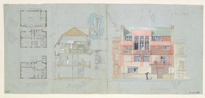 Frontlinje och sektion av hus och ateljé för Frank Miles (1852-91), Tite Street, Chelsea, 1878-79 (wc och penna på papper) (se även 176481-482, 176484-485) av Edward William Godwin
