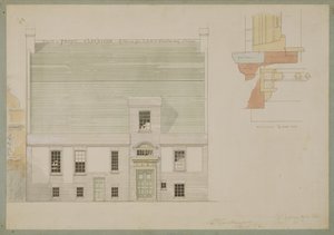 Framförhöjning av huset för J.A.M. Whistler Esq, Tite Street, Chelsea, 1877 (penna och bläck och wc på papper) (se även 176476)