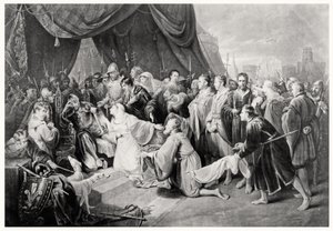 The Surrender of Calais, 4 augusti 1347, graverad av John Young av Edward after Bird