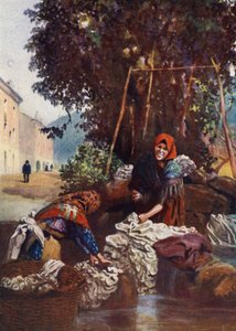 Korsika: Kvinna tvättar linne (färg litho)