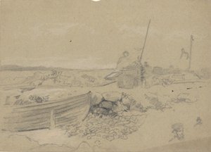 Strandscen med dory av Edwin Austin Abbey