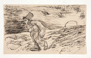 Tecknad av figur som går vid soluppgången. studera inför av Edwin Austin Abbey