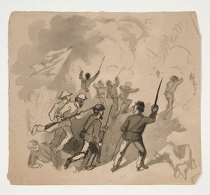 Stridsscen från inbördeskriget (recto); Oidentifierad illustration av en man i en skog (verso) av Edwin Austin Abbey