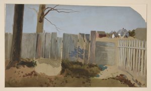 Landsscen: staket, åker, bondgård på avstånd av Edwin Austin Abbey