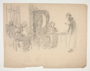 Tidig studie för Stony Ground 1884, interiör med figurer av Edwin Austin Abbey