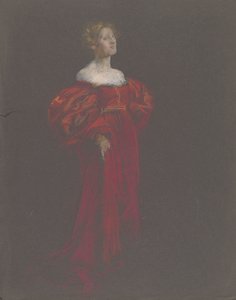 Kvinnlig figur i blått och rosa. av Edwin Austin Abbey