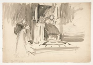 Figur på tron, flankerad av två figurer, skiss för en oidentifierad Shakespeare-pjäs av Edwin Austin Abbey