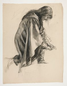 Figurstudie för Sir Lancelot och Sir Bors outfit Galahad med hans sporrar (?), från The Quest of the Holy Grail (andra i en serie av femton målningar för Boston Public Library, färdigställd 1901) av Edwin Austin Abbey