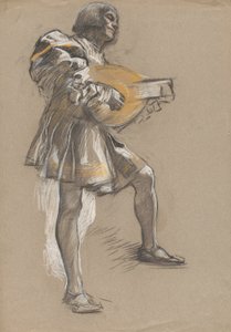 Figur med mandolin i medeltida dräkt. av Edwin Austin Abbey