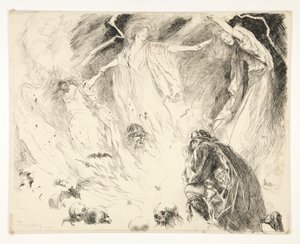 Första uppenbarelsen: Macbeth! Macbeth! Macbeth! se upp Macduff., Akt IV, Scen 1, Macbeth av Edwin Austin Abbey