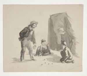 Fyra pojkar som spelar kulor (recto); Oidentifierad illustration av pojken vid staffli i interiören (verso) av Edwin Austin Abbey