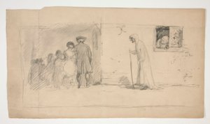 Grupp av figurer utanför stenhus - oidentifierad illustration av Edwin Austin Abbey