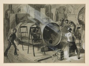 Illustration inuti en fabrik av Edwin Austin Abbey