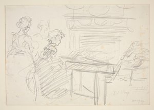Interiör scen: kvinna vid piano och familj - oidentifierad illustration av Edwin Austin Abbey