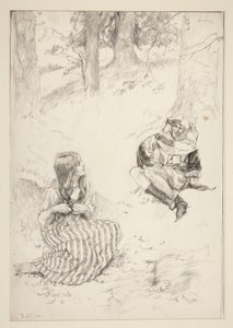 Gycklare och kvinna, sketch för påskliljasången av Edwin Austin Abbey