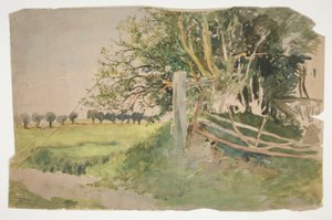 Landskap med träd och trasigt staket av Edwin Austin Abbey