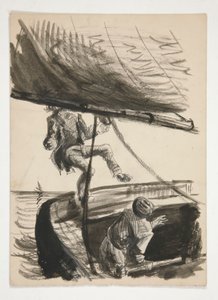 Man som slås överbord av bommen på segelbåten (recto); Oidentifierad illustration av pojke lysande man av Edwin Austin Abbey