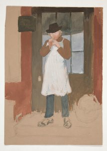 Man tänder ett rör i dörröppningen - oidentifierad illustration av Edwin Austin Abbey