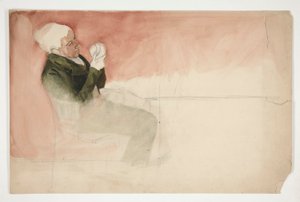 Man sitter och undersöker insidan av en skål - (oidentifierad illustration) av Edwin Austin Abbey