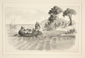 Män i roddbåt som flyr från indianer på stranden - oidentifierad illustration (Columbus upptäcker den nya världen?) - upptäcktsresande som landar i den nya världen av Edwin Austin Abbey